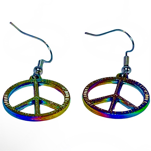 Peace sign iridescent rainbow shiny dangly earrings NEW - Picture 3 of 6